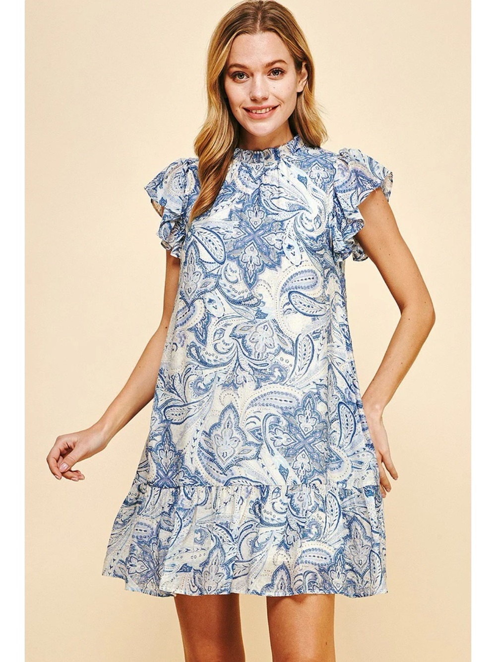 Pinch Boutique Blue Paisley Ruffle Sleeve Dress Blue White Size Small